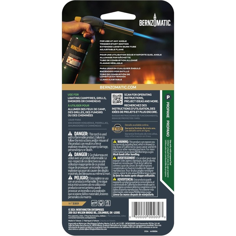 Bernzomatic QuickFire Outdoor Torch, High Output, Wind-Resistant Propane Hand Torch