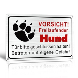 TAKULA Warning of the dog signs, caution free-running dog, 30 x 20 cm, brushed metal, warning dog sign, pack of 1