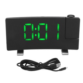 Radio Projection Alarm Clock LED Display Electronic Clock Curved Screen Digital Alarm Clock Black Body Green Letters