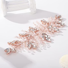 Teyglen Tocado de novia con cristales de imitación de oro rosa: gran enredadera para el cabello hecha a mano con cristales para novias y mujeres.