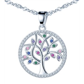 MicLee Women's Necklace Tree of Life Empty Tree of Life 925 Sterling Silver Colourful Cubic Zirconia Pendant Chain with Gift Bag Super Gift for Couples Mother Daughter, Silver Cubic Zirconia, Cubic