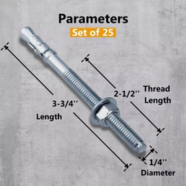 Party Animals 1/4 x 3-3/4 Inch Wedge Anchor, 25 PCs Zinc-Plated Industrial Anchor Bolts for Cement, Concrete