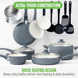 GreenLife 16 Piece Nonstick Cookware Set, Soft Grip Non-Toxic PFAS-Free Ceramic Pots & Pans, Dishwasher & Oven Safe, Frying, Sauce, Saute, Utensils, Glass Lids, Stay-Cool Handles, Wobble Free, Gray