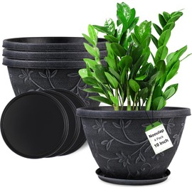 Nooulap 4 Pack 10 Inch Plant Pot for Outdoor Indoor, Plastic Flower Pots with Drainage Hole & Saucer, Lightweight Small Resin Flower Pot, Imitation Magnolia Planter Pots for Garden House（Gray）