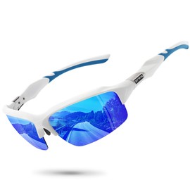 Ofwin - anteojos de sol polarizadas deportivas para hombres y mujeres envolventes alrededor de medio marco para ciclismo, pesca, bicicleta, correr, sol, protección UV, Marco blanco/lente espejo azul,