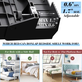 Ronlap Folding Bedside Shelf, Bunk Bed Shelf Organizer for Top Bunk Clip On Nightstand Plastic Bedside Shelf Tray for Kids with Cup Holder Hooks Hanging Cup, Plus Size with Drawer, Black