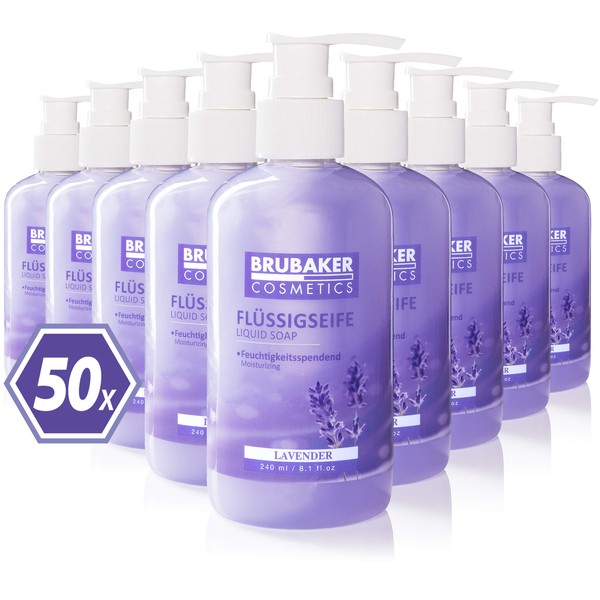 BRUBAKER Cosmetics Pack of 50 Hand Wash Lotion Liquid Soap Lavender 50 x 240 ml in Practical Dispenser Gently Cleans and Moisturises for Hygienically Clean Hands