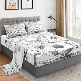 WeCozy King Size 4 Pcs Bed Fitted Sheet Set with 14" Deep Pocket, Game Soccer Painting Flat Sheet Set for Kids and Adults, Sport Ball Football Bedding with 2 Pillowcases for Bedroom Decor