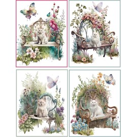 Handmade 8 Cat Kitten Kitty Victorian Vintage benches glossy blank note card envelopes
