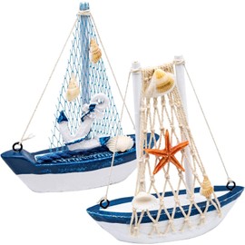 2 PCS Mini Sailboat Decor, Wooden Miniature Sailing Boat Model, Nautical Theme Decoration for Bathroom