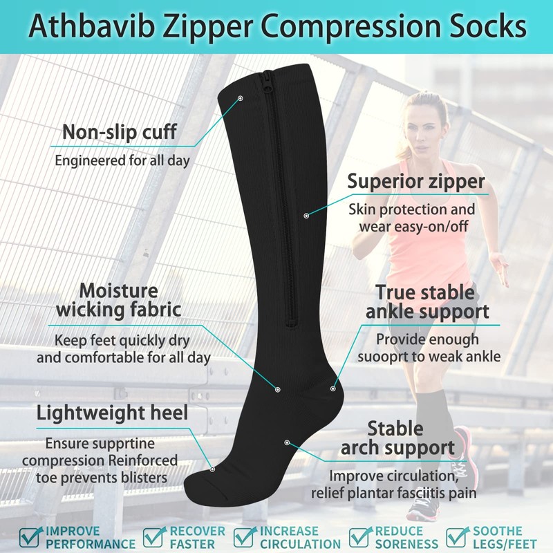 Athbavib 3 Pairs Zipper Compression Socks, 15-20 mmHg Closed Toe