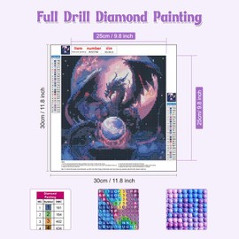 NAIMOER Dragon Diamond Painting Adults, 5D Moon Dragon Diamond Painting Pictures Adults, DIY Fly Dragon Diamond Painting Pictures Diamond Painting Children Animals Set for Home Decor 30 x 30 cm