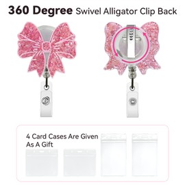 Pink Bow Badge Reel,Cute Sparkling Id Holders for Badges,Perfect for Nurses, Medical Staff,Teachers, Students,Retractable Crocodile Clip,The Best Gift for Women and Girls