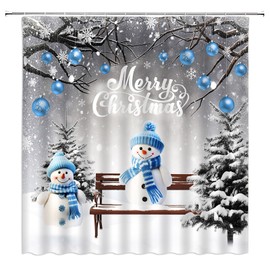 ASVEAS Blue Snowman Shower Curtain Merry Christmas Pine Trees Branches Snowfield Snowflake Winter Holiday Fabric for Bathroom Decor Bathtub with Hooks(70" WX70 H)