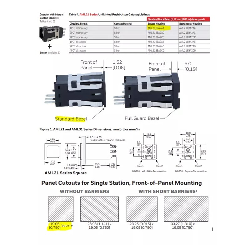Honeywell Microswitch - AML21BBA2AA - Switch, Pushbutton, AML 21 Series.