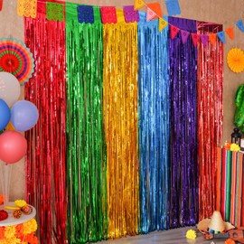 Mega-L Fiesta Cinco de Mayo Party Decorations Foil Fringe Curtains Backdrop, 2 Pack Mexican Themed 3.3x6.6ft Tinsel Streamers Perfect for Dia De Los Muertos Decor, Spain Taco Party Photo Booth Props