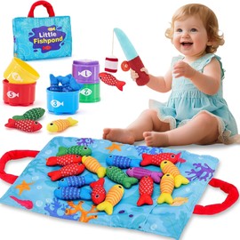Montessori Magnetic Fishing Game 1 year old, 10 in 1 Fabric Fishing Game for Kids, Toddler Fabric Fishing Games with Stacking Cups for Number Counting, Color Sorting, Shape Learning Baby Presents