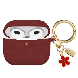 AIIEKZ Flower Engraved Case Compatible with AirPods 3 Case Cover 2021, Soft Silicone Case for AirPods 3rd Generation Case with Cute Flower Keychain and Carabiner for Girls Women (Burgundy)