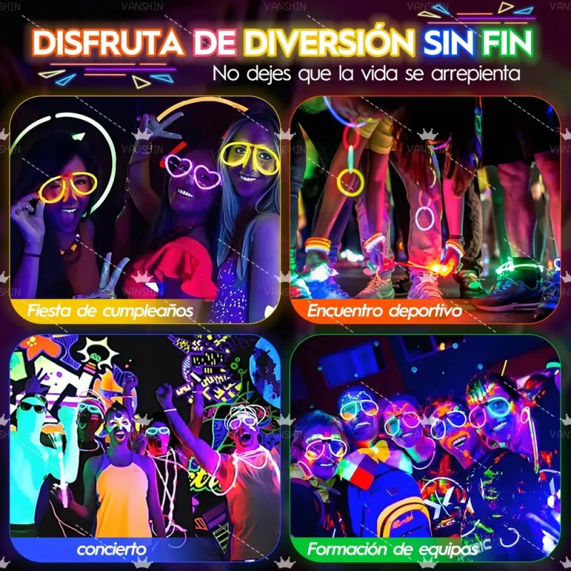 Pack de 100 Pulseras Neón Luminosas y Fluorescentes con Conectores