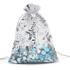 KIMOBER 100pcs Organza Gift Bags,Silver Rose Pattern Gift Wrap Bags with Drawstring Small Mesh Bags for Wedding Jewelry Baby Shower Party Favour Supply,3.5 X 4.7 Inch Silver Rose