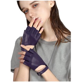 FIORETTO Womens Fingerless Leather Gloves for Driving Motorcycle Unlined Half Finger Punk Gloves Purple X-Large