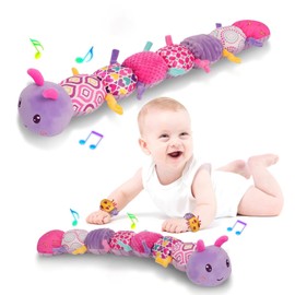 Infant Baby Musical Multi-Sensory Caterpillar, Stuffed Animal Activity Soft Toys, for Tummy Time Newborn 0-3-6-12 Months Girls, Purple, Come with a Pair of Wrist.