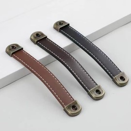 UUYYEO 2 Pcs PU Leather Cabinet Handles Leather Furniture Handles Vintage Dresser Drawer Pulls Trunk Strap Handles Suitcase Luggage Handles Kitchen Cupboard Knobs with Mounting Screws Black