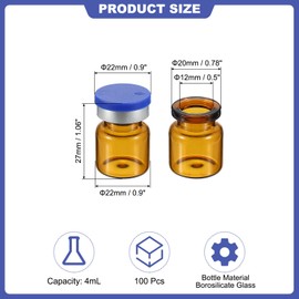 PATIKIL 2ml Sample Vials, 100 Pack Lab Empty Vials with Butyl Rubber Stopper Crimp Top Caps and Labels Borosilicate Glass Vial, Amber