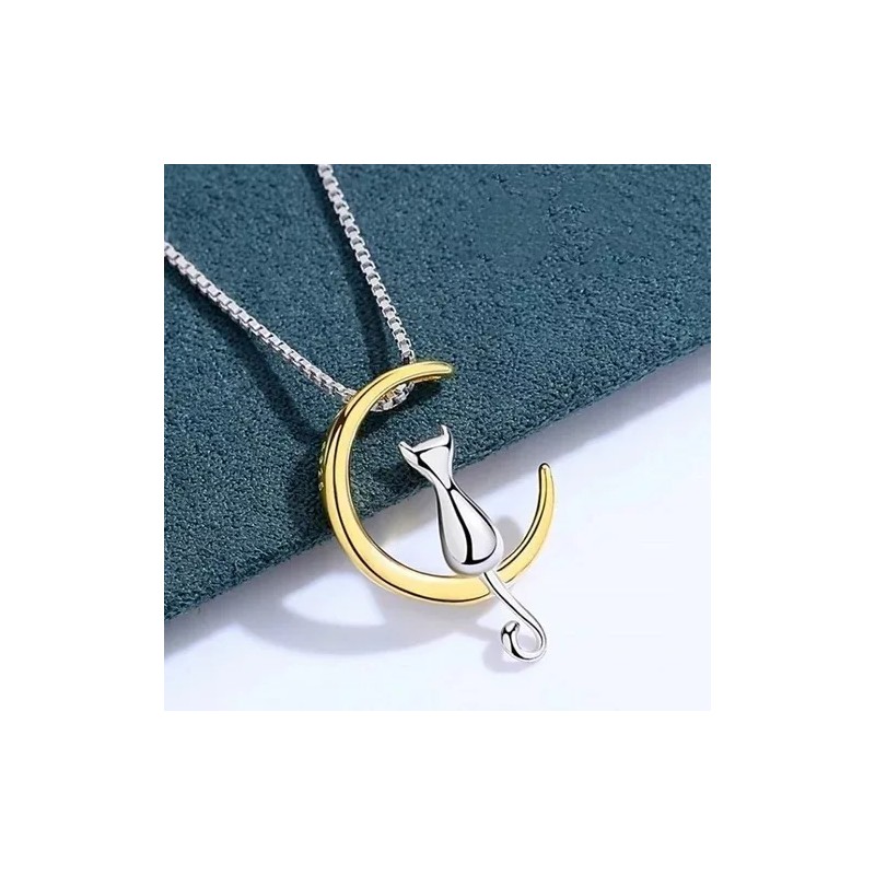 KS Collar De Plata S925 Luna Gato Colgante Regalo Para