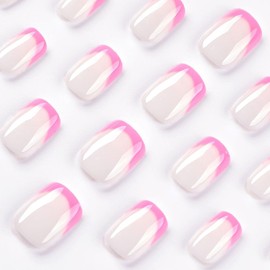 24Pcs Pink French Tip Press on Nails Short Square Fake Nails Glossy White False Nails Design Reusable Acrylic Artificial Nails with Glue on Nails Full Cover Natural Stick on Nails for Women and Girls