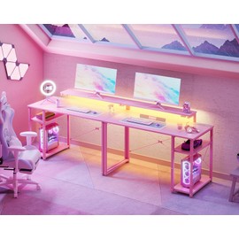 MOTPK MOTPK Pink Gaming Desk with Led Lights & Power Outlet, 40 Inch Small Gaming Computer Desk with Shelves, Reversible Gamer Desk with Adjustable Monitor Stand & Headphone Hook, Carbon Fiber Texture