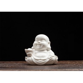 Houlu Small Laughing Buddha Statue for Good Luck, Ceramic White Lucky Happy Buddha Figurine for Home Decor, Office Decor, Garden Decor, Indoor/Outdoor