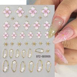 Flowers Nail Art Stickers 3 Sheets Spring Relief Lily Nail Decals 5D Embossed Acrylic Sliders for Women Nail Decoration Pink Flower Nail Stickers
