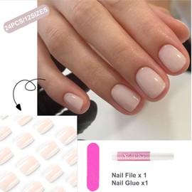 24Pcs French Short False Nails - Square Acrylic Press On Nails with Glue, Full Cover Fake Nails for Women - Reusable DIY Manicure Art, Salon-Quality at Home - Stick On Nail Nude