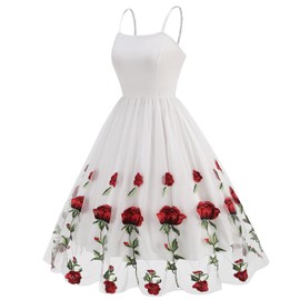 IDOPIP Women Spaghetti Straps Floral Embroidery Mesh Dress 1950s Vintage Cocktail Party Swing Dress Retro Sleeveless Flower Tulle Midi Dress Summer Elegant A Line Wedding Guest Outfit White S