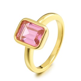 RIZILIA CELEBOX Solitaire Engagement Ring with Emerald Cut Gemstones CZ [Pink Sapphire] in 18K Yellow Gold Plated, Celebrity Inspired by Angelina Jolie
