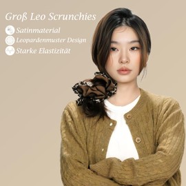 PUSCOBSY Satin Haargummi für Damen, Stoff Leopardenmuster Haargummis Scrunchie Ohne Haarbruch, Groß Leo Scrunchies für Dickes Haar Dünnes Haar, Braun