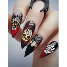 Kalolary 60 Pcs 3D Halloween Nail Art Charms Skull Spider with Rhinestones, Vintage Skeleton Hand Alloy Nail Art Jewelry Decoration Halloween Nail Glitters for DIY Nail Tip Crafts (Gold and Siliver)