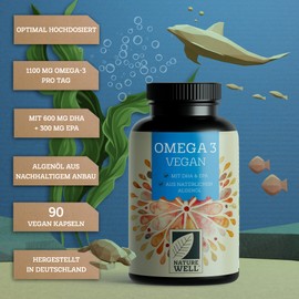 Omega-3 Vegan 90 Capsules High Dose, 2000 mg Omega-3 Algae Oil per Day with 600 mg DHA & 300 mg EPA, Vegan Omega from Sustainable Cultivation as a Fish Oil Alternative, Laboratory Tested with Certificate NatureWell