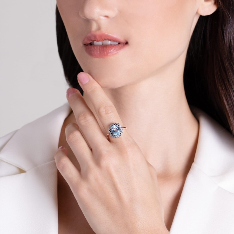 Esse Marcasite Sterling Silver Black Enamel Victorian Blue Topaz &