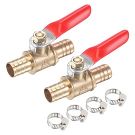 sourcing map Brass Air Ball Valve Shut Off Switch 10mm Hose Barb to 10mm Hose Barb with Clamps Red Handle 2Pcs