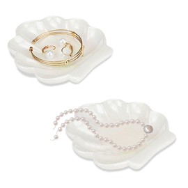 Mulaibdin 2 Pcs Shell Jewelry Dish, Ceramic Sea Ring Holder Beach Trinket Dish, Cute Jewelry Holder Organizer for Earrings Necklaces Bracelet Home Décor Bathroom(White)