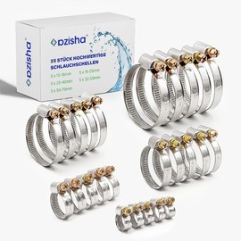 AZISHA Hose Clamps Set with Wing Nut Made of Rustproof Stainless Steel | Hose Clamp with 9 mm for Pool Washing Machine Car | Hose Tie Hose (10-70mm 5 Sizes Multiset - 25 Pieces)