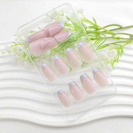 Coffin Press on Nails Short White French Tip Glitter Fake Nails Light Pink Full Cover Glue on Nails Glossy False Nails Cute Acrylic Nails Press ons for Girls 24Pcs