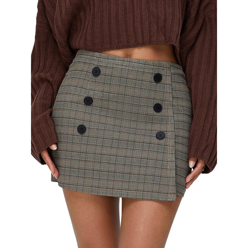 EXLURA Womens Tweed Plaid Bodycon Mini Skirts High Elastic Wasit