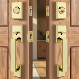 LOQRON Double Front Door Lock Set, Keyed Entry Front Door Handleset with Dummy, Square Heavy Duty Door Lever and Single Cylinder Deadbolt Combo, Polished Brass