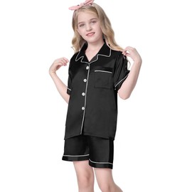 Umeyda - Pijama de satén para mujeres y niñas, de seda suave con botones, juego de pijama de 2 piezas, regalos para mamá/esposa, día de la madre, Negro -, 5-6 Años