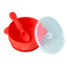 PAPU BABY Plato Hondo/Bowl/Tazón Grande con Tapa y Cuchara de Silicón 100% grado alimenticio con base de succión. Libre de BPA (Rojo)