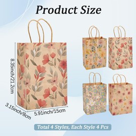 Beebeecraft 16Pcs 4 Styles Floral Gift Bags with Handles 8.3x5.9x3.2 Inch Kraft Paper Flower Wildfloral Bags for Wedding Birthday Themed Party Favor