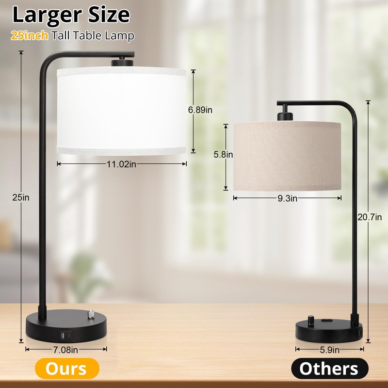 Table Lamp for Bedroom with USB C+A Ports, Fully Stepless
